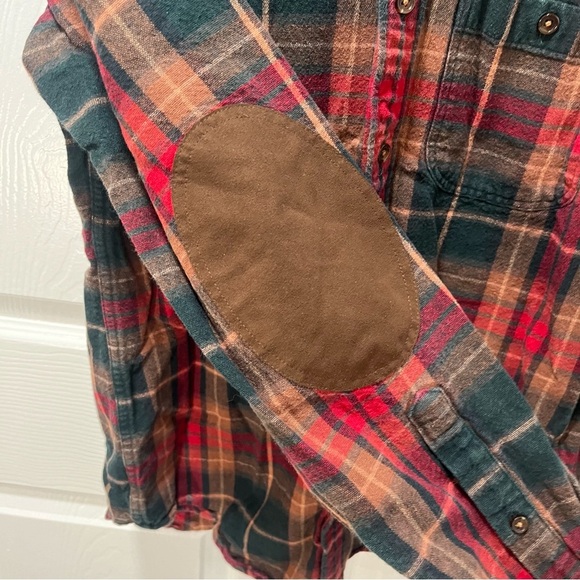 J Crew Plaid Flannel Shacket Shirt Jacket Faux Suede Elbow Patches Brown Red S - Picture 7 of 9